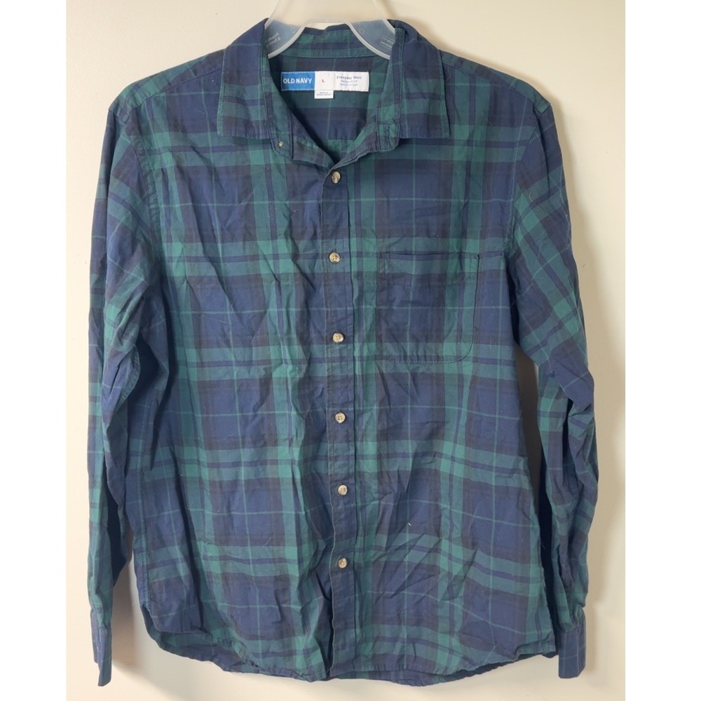 Old Navy | Green/Navy Plaid Long Sleeve Everyday Shirt | Size L